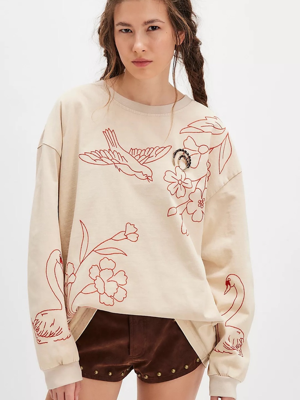 Free People Denim and Bone Swan Doodle Embroidered oversized crafty Medium